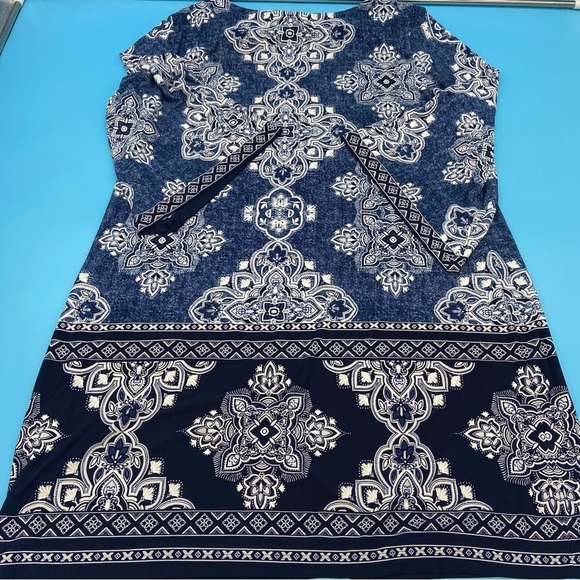 Studio One New York Women's Blue Patterned Dress 3/4 Length Bell Sleeves Size XL - Picture 4 of 7